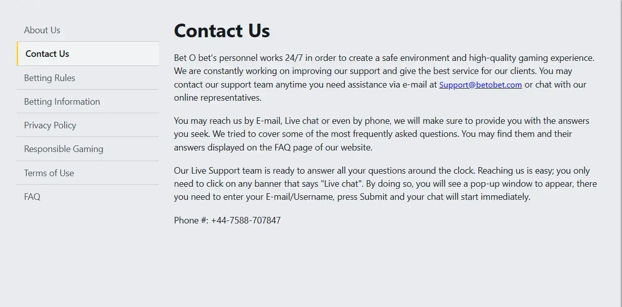 Betobet contact page and contact details