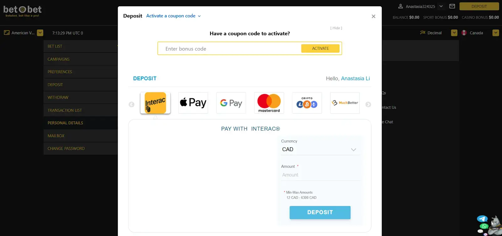 betobet payment method list with CAD currency
