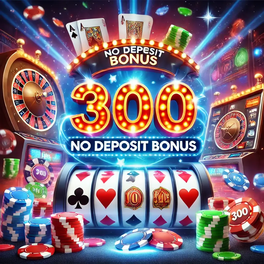 DALL·E 2024 09 05 19.39.38 A vibrant online casino scene with glowing slot machines poker chips and playing cards scattered around a large glowing number 300 in the center 