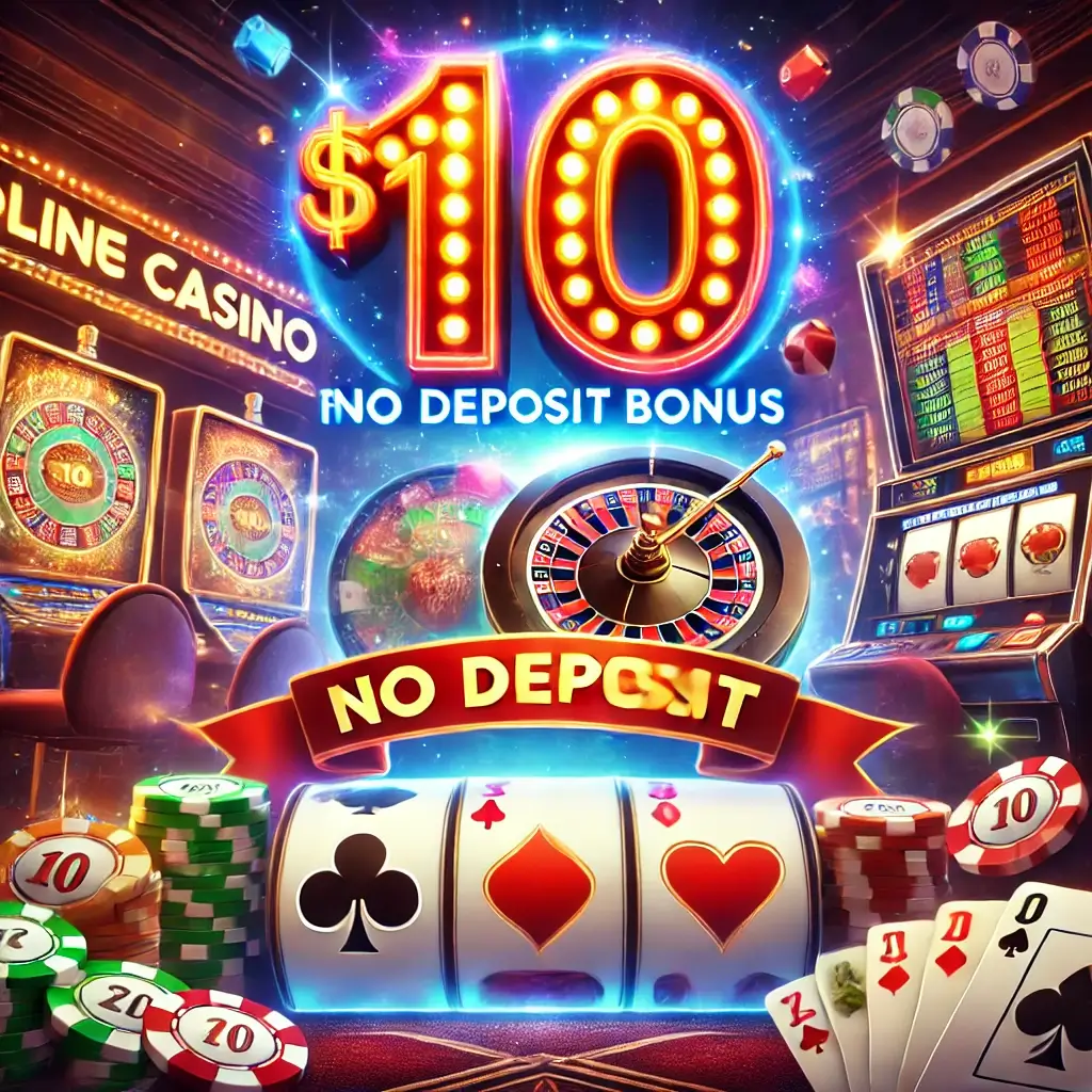 DALL·E 2024 09 05 20.16.54 A lively online casino scene with slot machines poker chips and cards surrounding a glowing number 10 in the center symbolizing a 10 free no dep 