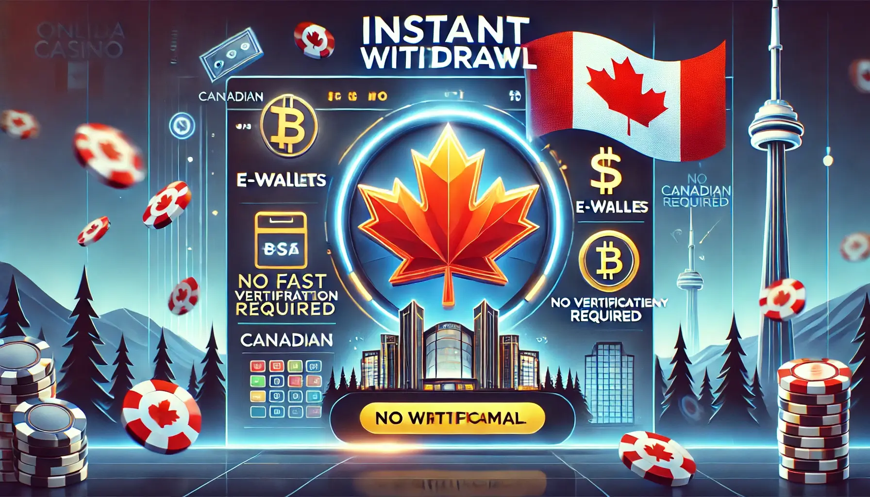 DALL·E 2024 09 06 19.15.16 A sleek modern online casino interface set against a Canadian backdrop featuring a bold Instant Withdrawal banner. There are icons of different pa 