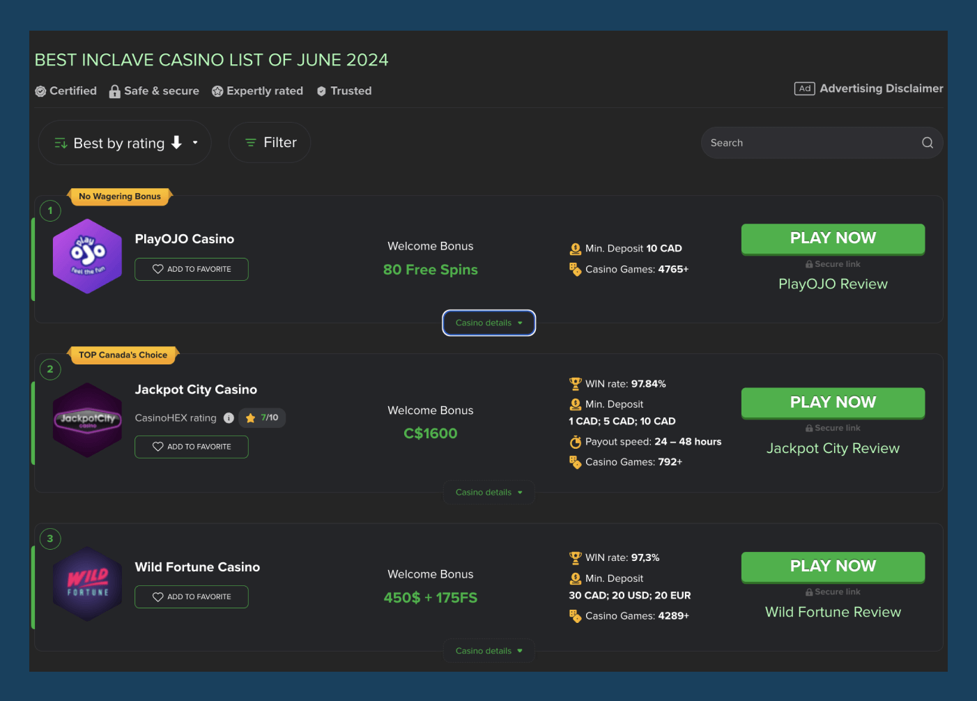 inclave casino list